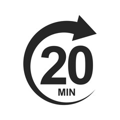 20 min countdown sign. Twenty minutes icon with round arrow. Stopwatch symbol. Sport or cooking timer isolated on white background. Delivery, deadline, duration pictogram. Vector graphic illustration.