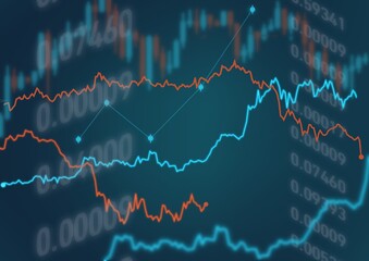 Blue and red stock graphs, numbers scatter, deep blue backdrop.