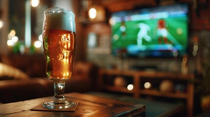 glass with beer on a wooden table in a house with a TV in the background watching a soccer game in...