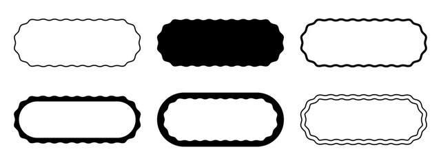 Set of rectangle frames with wiggly rounded edges. Oval shapes with wavy borders. Game buttons, empty text boxes, tags or labels scrapbook elements isolated on white background. Vector illustration.