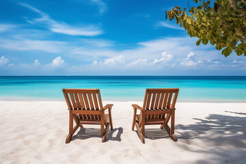 Fototapeta premium Two wooden chairs facing a calm turquoise sea on a bright sunny day, with white sand under clear blue skies - Generative AI