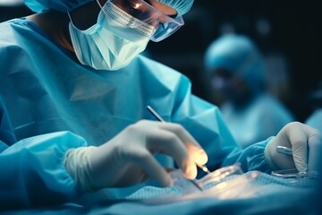 Experienced surgeon in blue surgical gown and gloves performing a delicate operation with a scalpel and forceps under bright lights in a sterile operating room, surrounded by medical equipment - Powered by Adobe