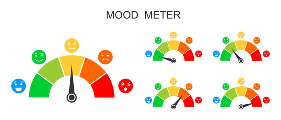 Set of mood meters. Dashboards with arrows and different emotional faces from happy to angry. Emotions charts from positive to negative. Templates for customer service survey. Vector illustration.