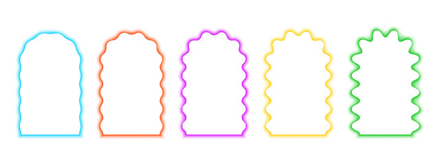 Set of colorful arch frames with wavy edges. Archway shapes with wiggly borders in blurry aura effect. Mirror or portal frameworks, empty text boxes isolated on white background. Vector illustration.