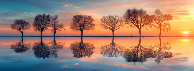 Serene Sunset: Trees Reflected in Beautiful Sea, Golden Hour Reflections: Trees and Sea at Sunset