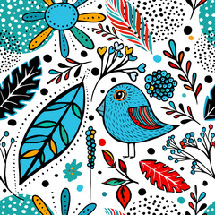 Decorative seamless background with birds and flowers. hand drawing. Not AI. Vector illustration