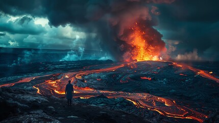 Philosopher standing at the edge of a volcanic eruption, contemplating the raw power of nature, a metaphor for chaos theory