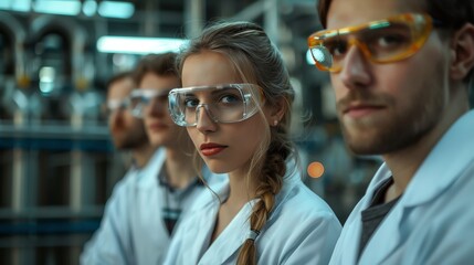 Professional team of chemists in a safety meeting at a chemical manufacturing plant, serious expressions, with industrial equipment in the backdrop - obrazy, fototapety, plakaty
