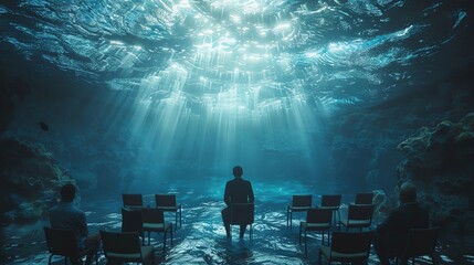 Public speaking at an underwater conference, innovative communication in a surreal marine environment