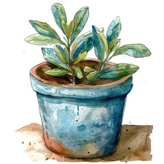 Fototapeta premium Watercolor Painting of a Small Plant Growing in a Blue Pot on a Wooden Surface. Generated by AI