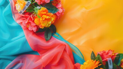 A vibrant display of colorful textiles and flowers in shades of orange, pink, and magenta on a sunny yellow background. This artful arrangement exudes a happy and joyful vibe, perfect for any event