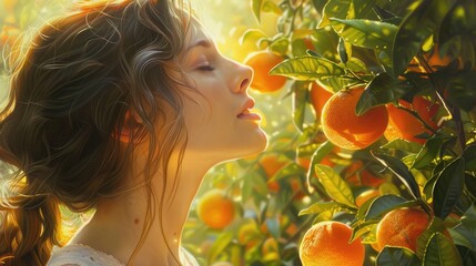 Obraz premium In the midst of a lush jungle, a happy woman stands by a tree with her eyes closed, smelling the sweet scent of oranges. The heat of the sun warms her as she takes in the fragrant citrus fruit AIG50