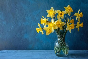 vibrant yellow daffodils arranged in clear glass vase still life photography