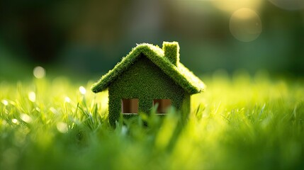 Eco-Friendly Little Green House on Lush Grass Under Sunlight