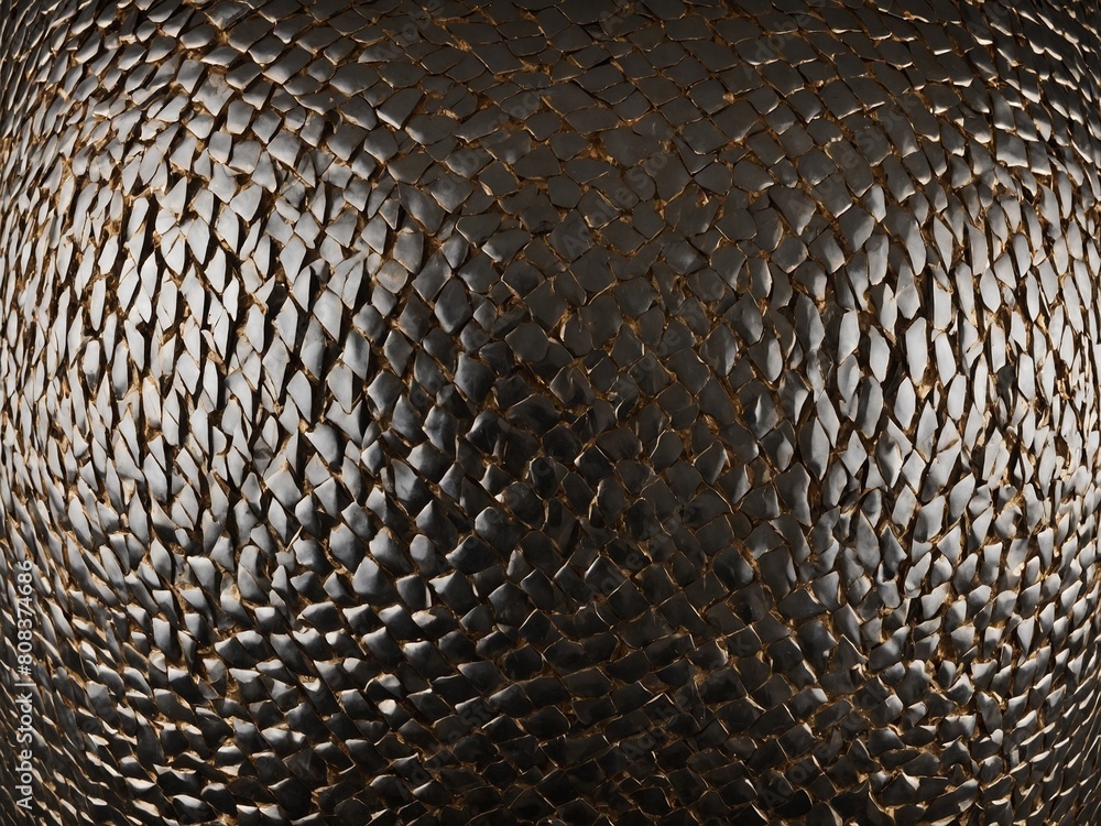 Poster spherical object, adorned with pattern of overlapping scales. pattern resembles reptilian texture, e