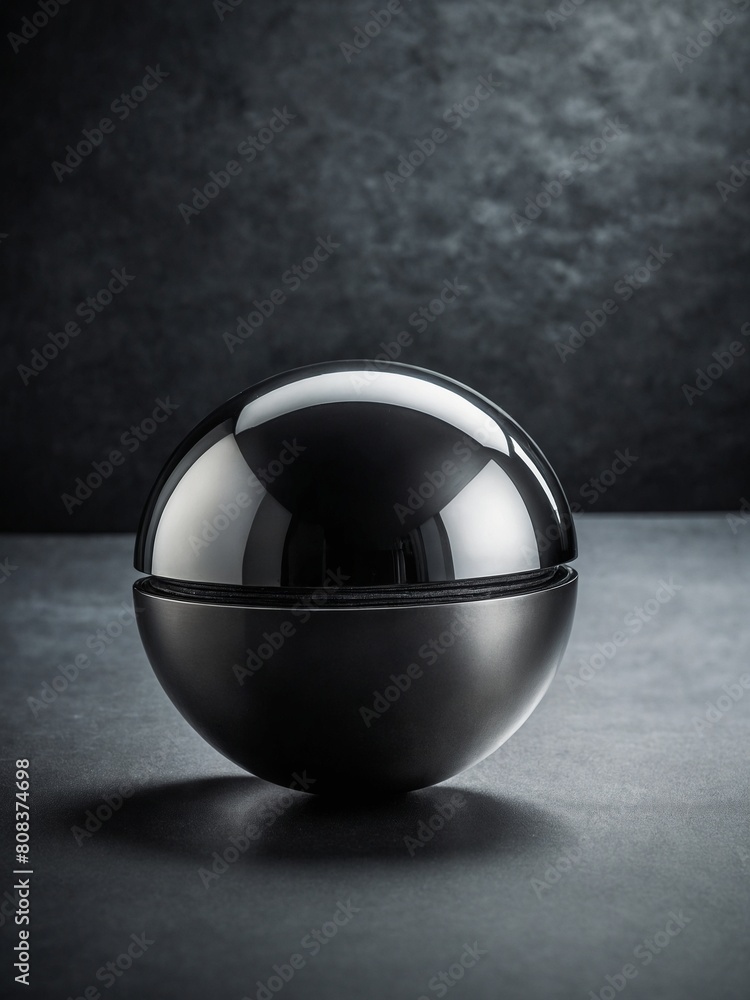 Poster reflective spherical object commands attention in center of frame, half-submerged in bowl with matte