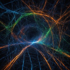 Network of intertwining fibers forms tunnel-like structure, leading towards bright white light at center. Fibers, glowing in hues of blue, orange, green, create sense of depth.