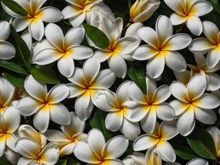 Obraz premium Cluster of white, yellow plumeria flowers with strong contrast against dark green leaves, creating vibrant natural pattern. Blossoms fresh with visible textures on petals, leaves show rich detail.