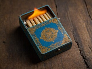 Single match, distinctively lit, stands out among unlit matches nestled inside ornate blue matchbox with gold detailing. Matchbox rests on wooden surface, setting stage for flames journey.