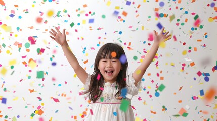 Mała dziewczynka stoi przed ścianą pokrytą konfetti, ubrana w kolorowe ubrania. Wygląda na zafascynowaną i szczęśliwą
