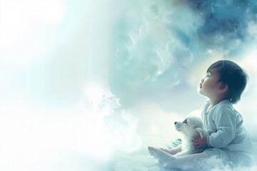Małe dziecko siedzi na chmurze obok psa. Obraz przedstawia scenę przyjaźni między dzieckiem a psem na tle białego nieba