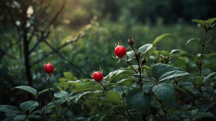 Serene scene unfolds, capturing delicate beauty of red rose hips. These glisten with dew, nestled amidst lush green foliage. Soft sunlight filters through tranquil forest.