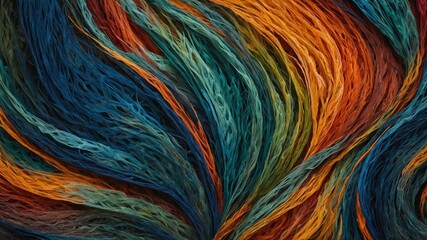 Vibrant display of textured, flowing strands creates dynamic, abstract visual effect. Strands, reminiscent of waves, feathers, span multitude of colors. Hues range from deep blues.