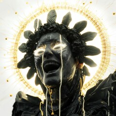 Obraz premium Mężczyzna o czarnej twarzy z złotym halo wokół głowy, ubrany w renesansowe stroje, na jasnym tle