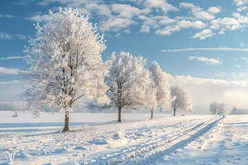 serene winter wonderland scene with snowy landscape and frosted trees peaceful nature