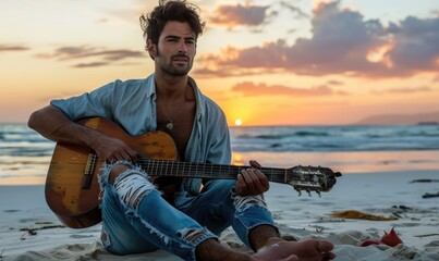 An attractive man playing a guitar sitting on a sandy beach at sunset