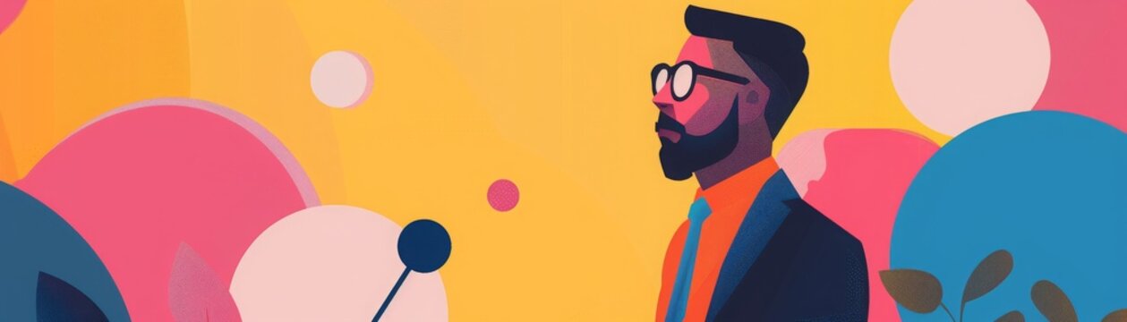 A man wearing glasses and a suit stands in front of a colorful background. He is looking to the left of the frame. The man is surrounded by colorful circles.