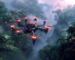 Capture a breathtaking scene of a flying drone delivering packages amidst a lush, overgrown jungle with neon lights piercing through the canopy Digital rendering techniques, photorealistic