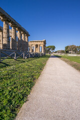 Path besides Temple of Hera at famous Paestum Archaeological UNESCO World Heritage Site, Province...