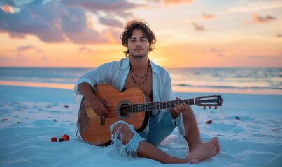 An attractive man playing a guitar sitting on a sandy beach at sunset