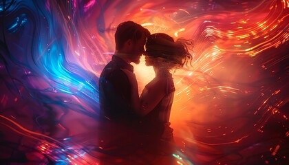 Capture a futuristic love story with vibrant colors and sleek lines in digital 3D rendering Show a couple in a sci-fi setting embracing amidst swirling abstract patterns