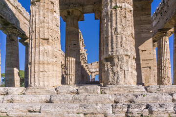 Detail view of Temple of Hera at famous Paestum Archaeological UNESCO World Heritage Site, Province...