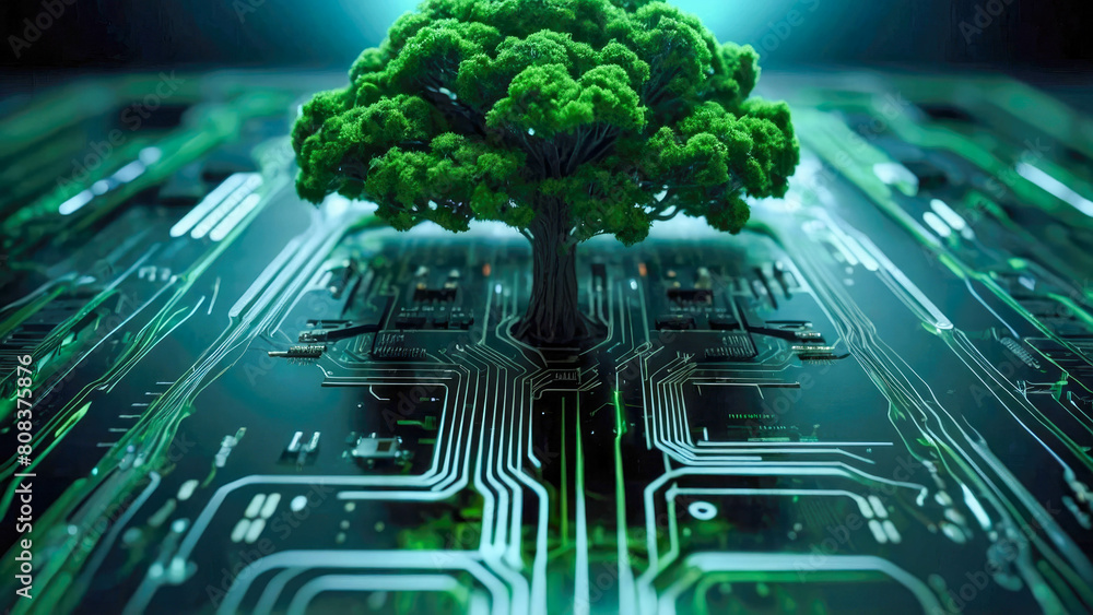 Poster green tree on microcircuit board. biotechnology and science concept backgroun