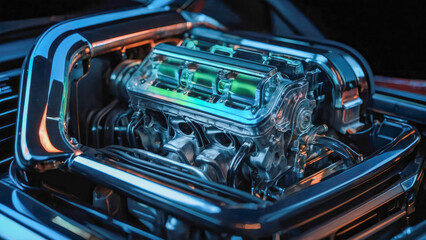 Close-up of a modern transparent car engine