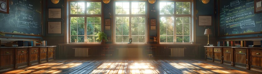 Fototapeta premium Capture the eerie intersection of education and horror with a low-angle view of a haunting, nanotechnology-infused classroom Utilize digital photorealistic rendering for maximum impact
