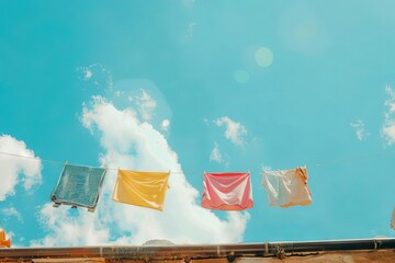 sundried laundry clothes hanging on rooftop clothesline blue sky background lifestyle photography - obrazy, fototapety, plakaty