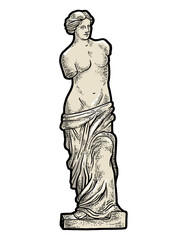 Obraz premium Venus de Milo ancient Greek statue sketch engraving PNG illustration. T-shirt apparel print design. Scratch board imitation. Black and white hand drawn image.