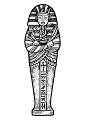 Ancient Egyptian Sarcophagus sketch engraving PNG illustration. T-shirt apparel print design. Scratch board imitation. Black and white hand drawn image.