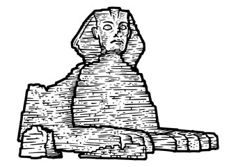 Egyptian Sphinx statue sketch engraving PNG illustration. T-shirt apparel print design. Scratch board style imitation. Black and white hand drawn image.