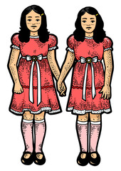 Twins girls like in horror movie sketch engraving PNG illustration. T-shirt apparel print design. Scratch board imitation. Black and white hand drawn image.