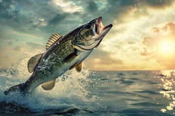 A largemouth bass jumping out of the water with a sunset in the background. AIG51A.