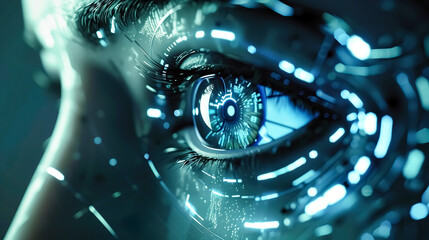 closeup artificial intelligence female eyes iris enhanced with futuristic digital technology advanced circuits patterns