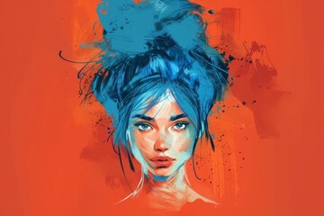 vibrant portrait of a woman with striking blue hairstyle bold fashion illustration