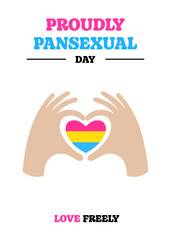 Pansexual Awareness and Visibility Day 24th May, pansexual flag in a heart shape and hands heart love gesture. Pansexual Visibility Day vector poster isolated on a white background.