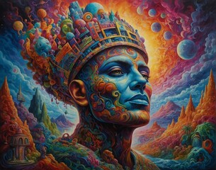 Trippy King wearing surreal crown colorful swirling tattoos unreal fantastic fantasy background with vibrant clouds and mountain landscape
