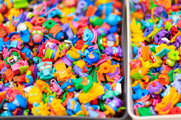 Of colorful super things toys at a street market